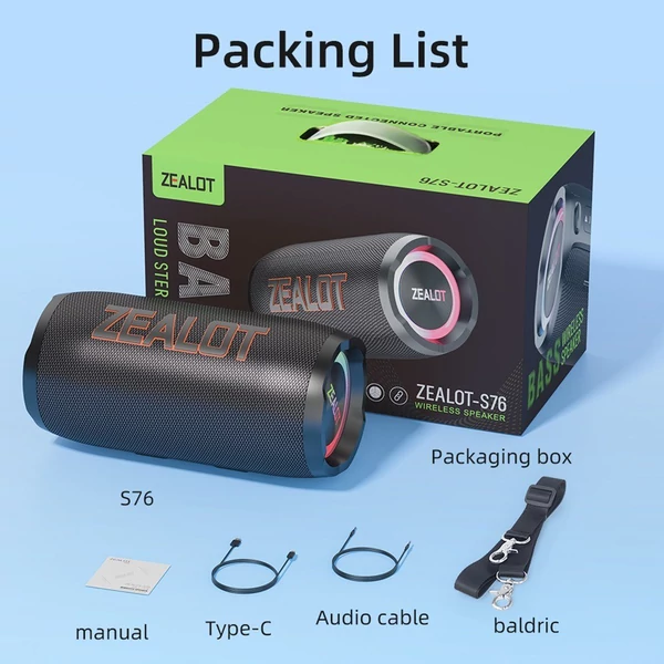 Zealot S76 hordozható vezeték nélküli hangszóró – 50 W, RGB fény, vízálló, porálló, HiFi hangzás, 8000 mAh akku, BT 5.3, TWS, több mód - Fekete