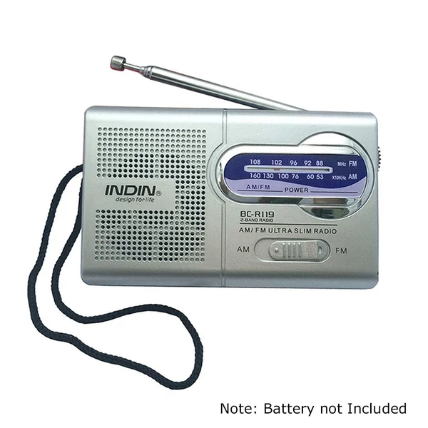 INDIN BC-R119 AM/FM két sávos mini rádió vevő hordozható lejátszó beépített hangszóróval, 3,5 mm-es fejhallgató-csatlakozóval, ezüstszürke