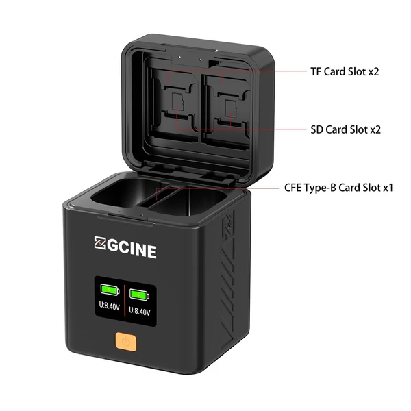 ZGCINE kamera akkumulátor töltőtok LPE6/E6N/E6NH/E6P akkukhoz, 2 rekesz, kártyahelyek, OLED kijelző, PD gyors töltés, Canon EOS kompatibilis