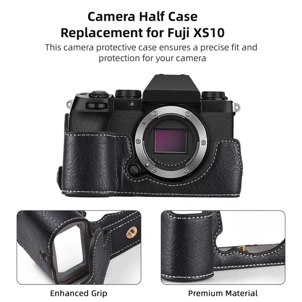 Félkamera tok Fuji XS10-hez, PU bőr, vállpánttal, nyitható aljjal, markolattal, védőtok - Fekete