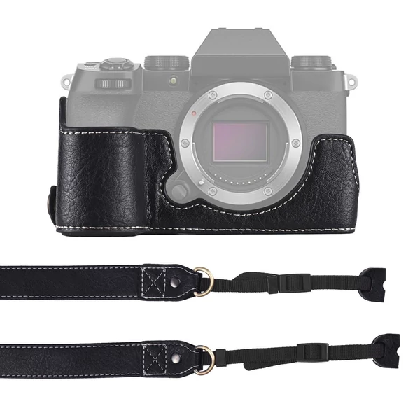Félkamera tok Fuji XS10-hez, PU bőr, vállpánttal, nyitható aljjal, markolattal, védőtok - Fekete
