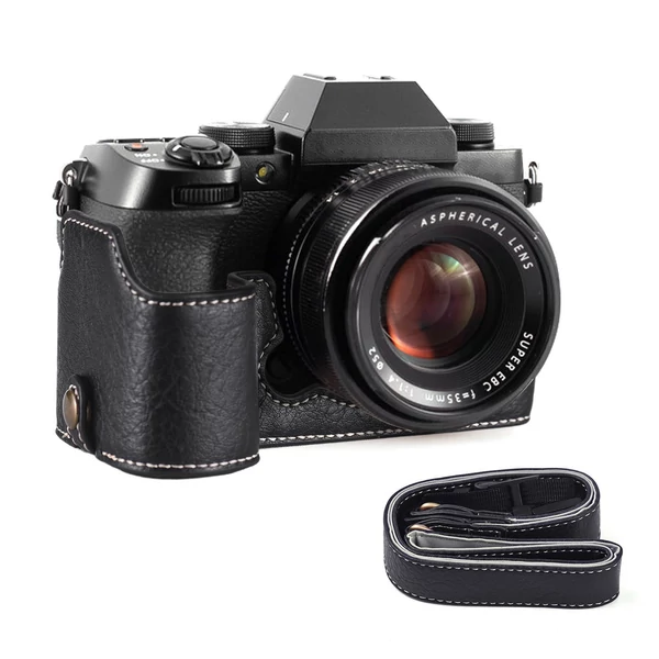Félkamera tok Fuji XS10-hez, PU bőr, vállpánttal, nyitható aljjal, markolattal, védőtok - Fekete