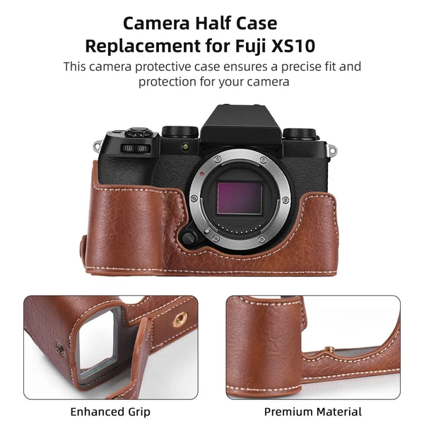 Félkamera tok Fuji XS10-hez, PU bőr, vállpánttal, nyitható aljjal, markolattal, védőtok - Barna