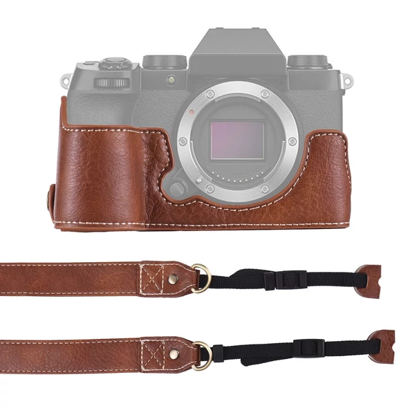 Félkamera tok Fuji XS10-hez, PU bőr, vállpánttal, nyitható aljjal, markolattal, védőtok - Barna