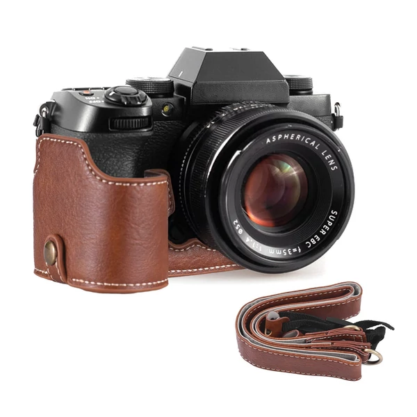 Félkamera tok Fuji XS10-hez, PU bőr, vállpánttal, nyitható aljjal, markolattal, védőtok - Barna
