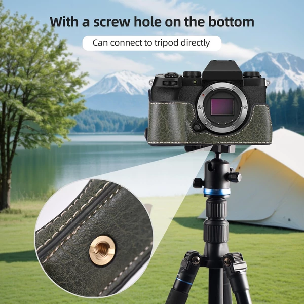 Félkamera tok Fuji XS10-hez, PU bőr, vállpánttal, nyitható aljjal, markolattal, védőtok - Zöld