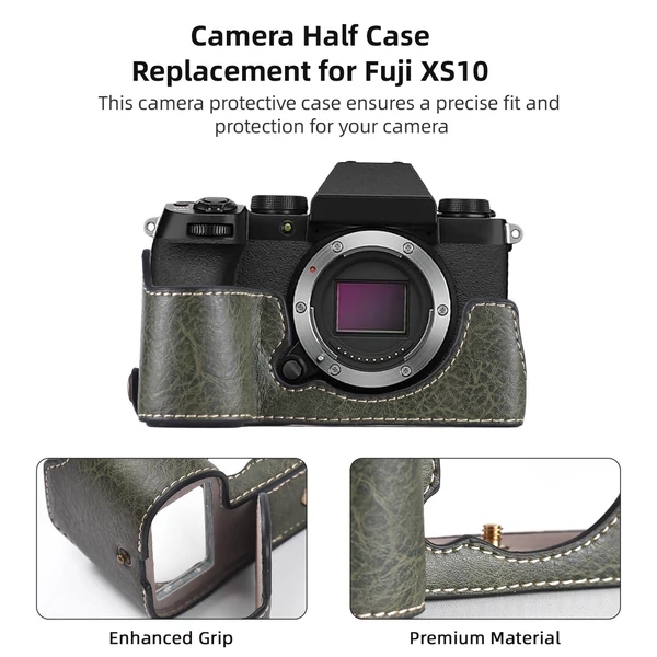Félkamera tok Fuji XS10-hez, PU bőr, vállpánttal, nyitható aljjal, markolattal, védőtok - Zöld
