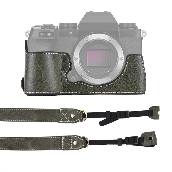 Félkamera tok Fuji XS10-hez, PU bőr, vállpánttal, nyitható aljjal, markolattal, védőtok - Zöld