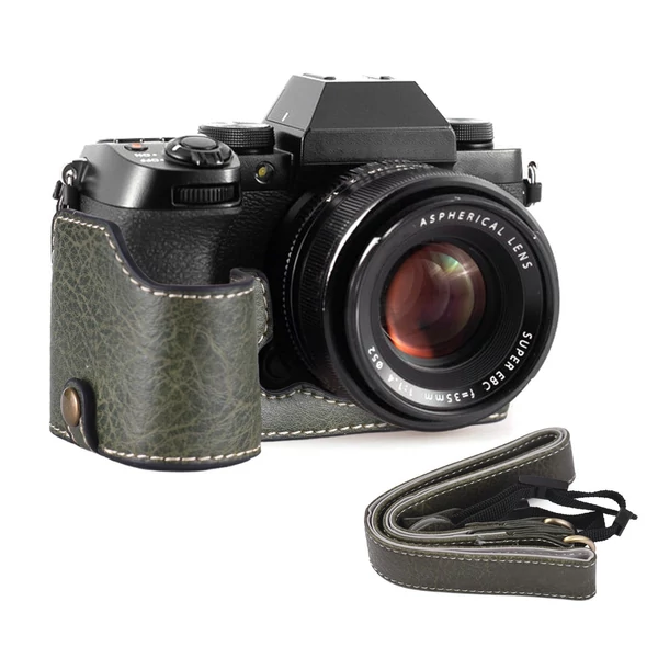 Félkamera tok Fuji XS10-hez, PU bőr, vállpánttal, nyitható aljjal, markolattal, védőtok - Zöld
