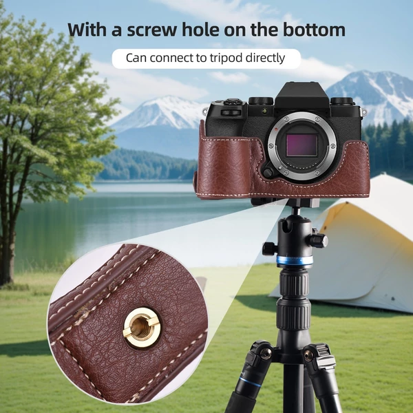 Félkamera tok Fuji XS10-hez, PU bőr, vállpánttal, nyitható aljjal, markolattal, védőtok - Kávé