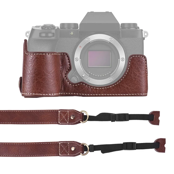 Félkamera tok Fuji XS10-hez, PU bőr, vállpánttal, nyitható aljjal, markolattal, védőtok - Kávé