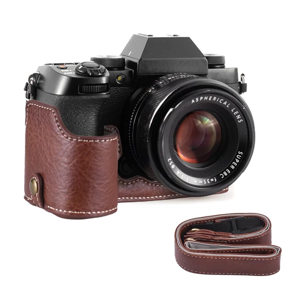 Félkamera tok Fuji XS10-hez, PU bőr, vállpánttal, nyitható aljjal, markolattal, védőtok - Kávé