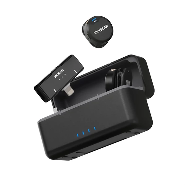TAKSTAR V2 dupla vezeték nélküli mikrofon, 100m hatótávval, zajszűrés, töltőtok, mágneses nyakpánt, iPhone 11-14 kompatibilis