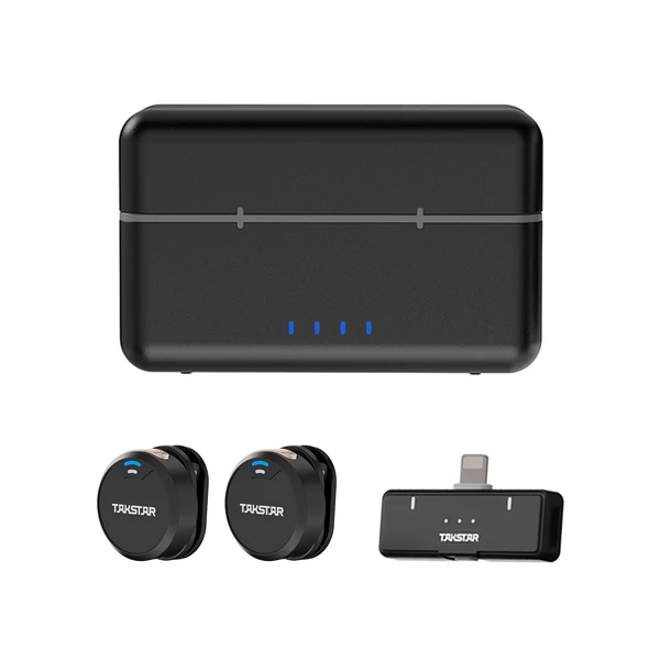 TAKSTAR V2 dupla vezeték nélküli mikrofon, 100m hatótávval, zajszűrés, töltőtok, mágneses nyakpánt, iPhone 11-14 kompatibilis