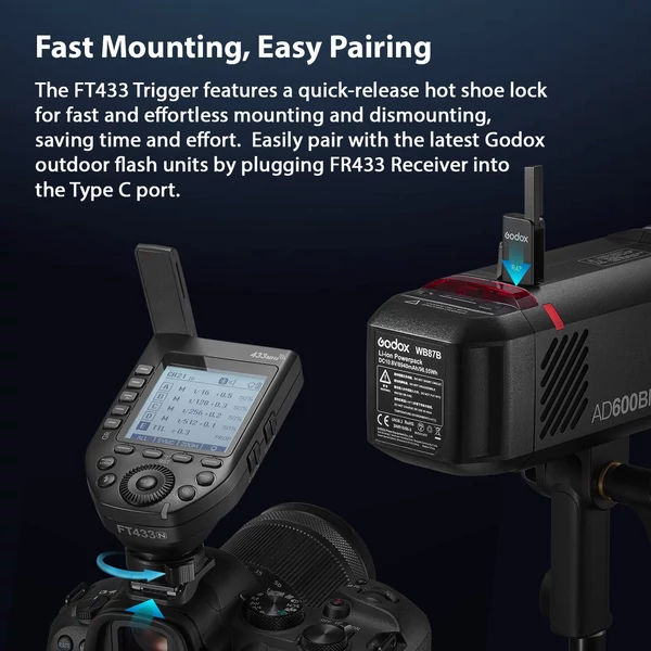 Godox FT433 TTL Vezeték nélküli Vakukioldó 433MHz, 1/8000s HSS, APP vezérlés, Nikon Z9 Z8 Z7 Z6II Z7II D750 D780 D800 D850 és Godox vakukhoz