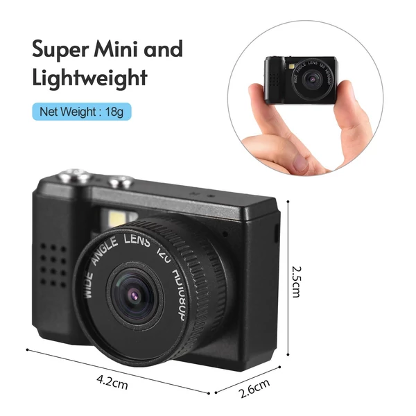 Mini digitális videókamera 1080P, beépített akkumulátorral, LCD kijelzővel és vakuval fotókhoz, videókhoz - Fekete