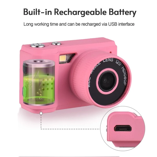 Mini digitális videókamera 1080P, beépített akkumulátorral, LCD kijelzővel és vakuval fotókhoz, videókhoz - Pink