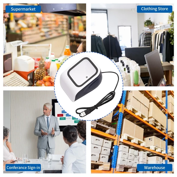 1D 2D QR asztali vonalkódolvasó, kéz nélküli USB, Plug&Play, Windows/Android kompatibilis, nagy ablak, bolt/könyvtár/mobil fizetés
