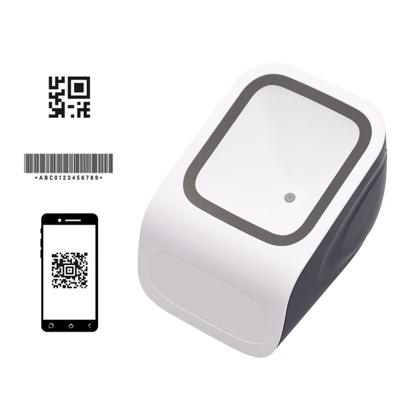 1D 2D QR asztali vonalkódolvasó, kéz nélküli USB, Plug&Play, Windows/Android kompatibilis, nagy ablak, bolt/könyvtár/mobil fizetés