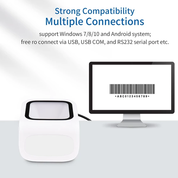 1D 2D QR asztali vonalkódolvasó, kéz nélküli USB, Plug&Play, Windows/Android kompatibilis, nagy ablak, bolt/könyvtár/mobil fizetés