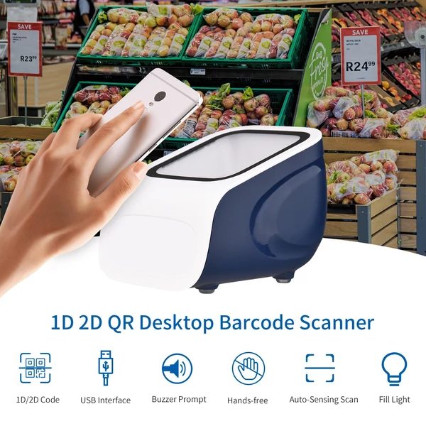 1D 2D QR asztali vonalkódolvasó, kéz nélküli USB, Plug&Play, Windows/Android kompatibilis, nagy ablak, bolt/könyvtár/mobil fizetés