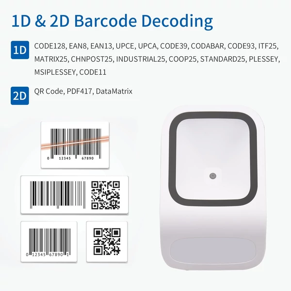 1D 2D QR asztali vonalkódolvasó, kéz nélküli USB, Plug&Play, Windows/Android kompatibilis, nagy ablak, bolt/könyvtár/mobil fizetés