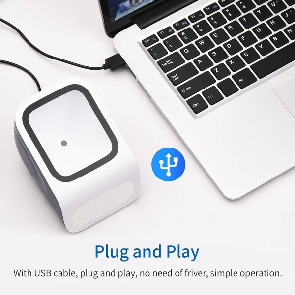 1D 2D QR asztali vonalkódolvasó, kéz nélküli USB, Plug&Play, Windows/Android kompatibilis, nagy ablak, bolt/könyvtár/mobil fizetés