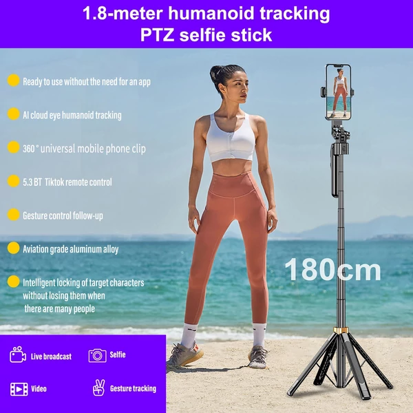 CL11P arc-követő szelfibot és telefonállvány – távirányítós, gesztusvezérléses 180 cm-es teleszkópos kialakítás, 1/4 hüvelykes csavar, tökéletes vloghoz, élő adásokhoz, videókhoz