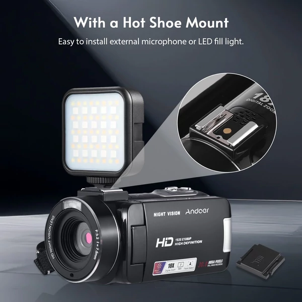 Andoer HDV-B320 1080P Full HD videókamera 30MP 18x zoom, éjszakai látás, IPS kijelző