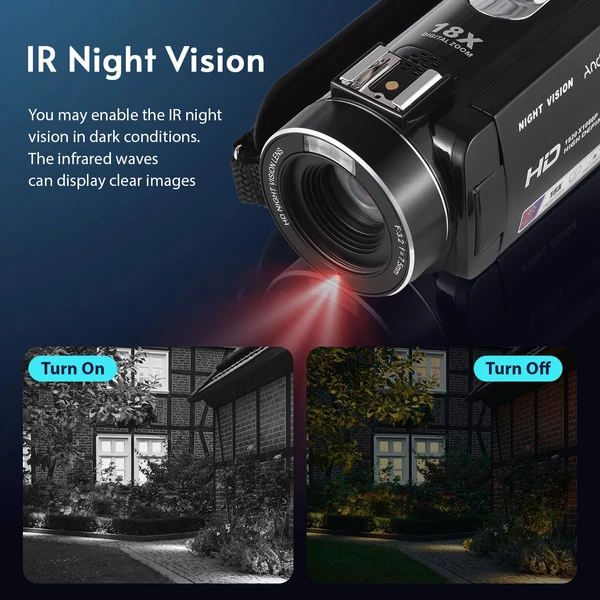 Andoer HDV-B320 1080P Full HD videókamera 30MP 18x zoom, éjszakai látás, IPS kijelző