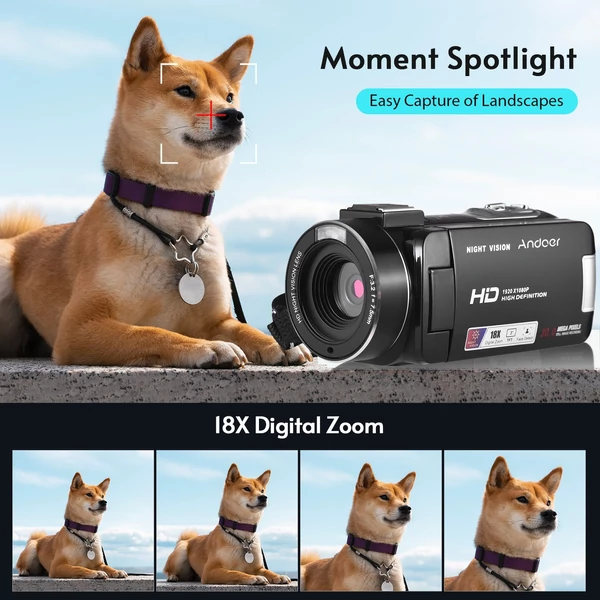 Andoer HDV-B320 1080P Full HD videókamera 30MP 18x zoom, éjszakai látás, IPS kijelző