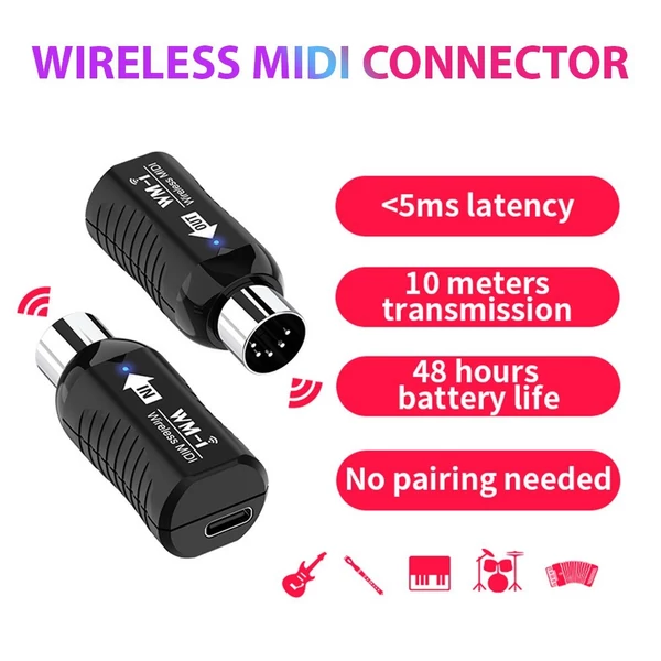 WM-i Vezeték nélküli MIDI Adapter - Gitárhoz, billentyűsökhöz, fúvós hangszerekhez - Alacsony késleltetés