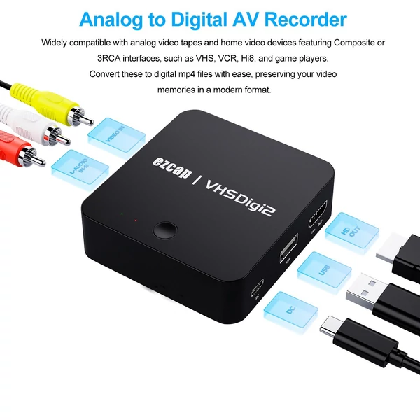 ezcap181P videó digitalizáló és rögzítő eszköz analóg-digitális átalakításhoz VHS, DVD és játékkonzol forrásokból, HD kimenettel