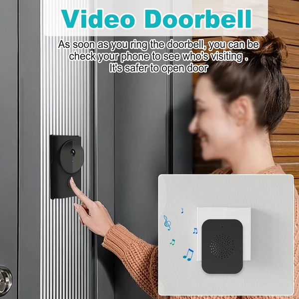 WiFi okos csengő kamerával, TY alkalmazásvezérléssel, infravörös éjjellátással, tölthető videó kaputelefon, kétirányú hanggal otthonra, irodára - Fekete