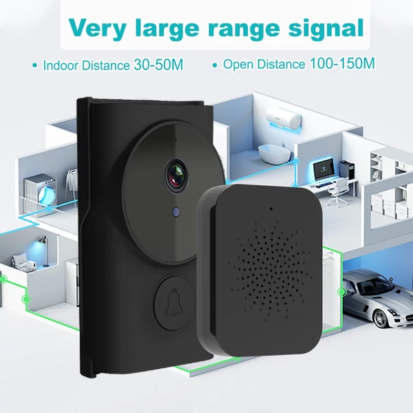 WiFi okos csengő kamerával, TY alkalmazásvezérléssel, infravörös éjjellátással, tölthető videó kaputelefon, kétirányú hanggal otthonra, irodára - Fekete