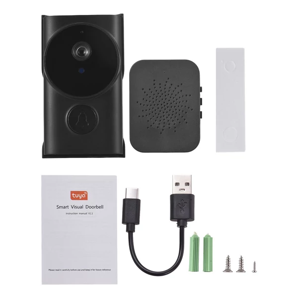 WiFi okos csengő kamerával, TY alkalmazásvezérléssel, infravörös éjjellátással, tölthető videó kaputelefon, kétirányú hanggal otthonra, irodára - Fekete