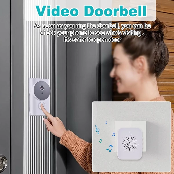 WiFi okos csengő kamerával, TY alkalmazásvezérléssel, infravörös éjjellátással, tölthető videó kaputelefon, kétirányú hanggal otthonra, irodára - Fehér