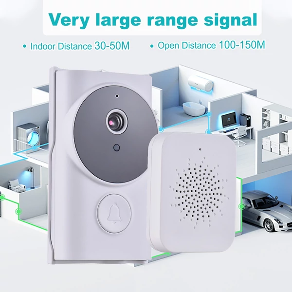 WiFi okos csengő kamerával, TY alkalmazásvezérléssel, infravörös éjjellátással, tölthető videó kaputelefon, kétirányú hanggal otthonra, irodára - Fehér