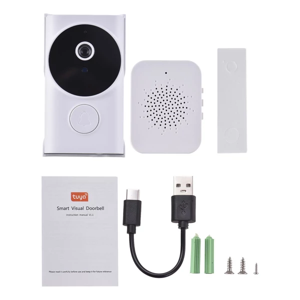 WiFi okos csengő kamerával, TY alkalmazásvezérléssel, infravörös éjjellátással, tölthető videó kaputelefon, kétirányú hanggal otthonra, irodára - Fehér