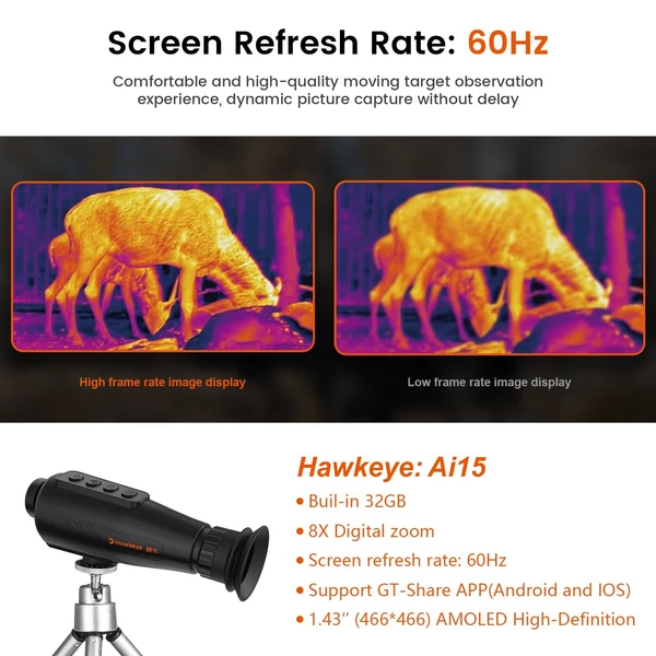 GTGUARD Hawkeye Ai15 AI hőkamera - 8x digitális zoom, 60Hz AMOLED kijelző, IP66 vízálló, 32GB tárhely, WiFi okostelefonhoz
