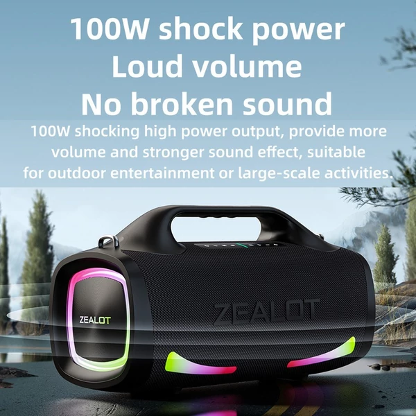 ZEALOT S79 100W hordozható vezeték nélküli hangszóró - 24000mAh akkumulátor, színes fények, IPX7 vízálló, HiFi hangzás, BT 5.2 basszussal - Narancs