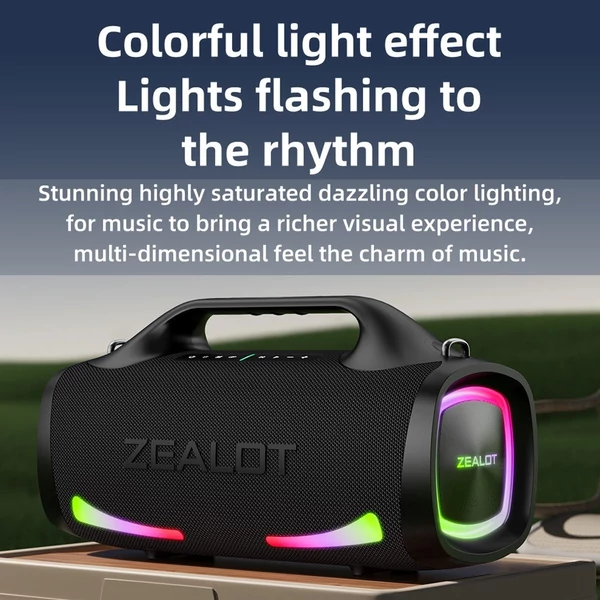 ZEALOT S79 100W hordozható vezeték nélküli hangszóró - 24000mAh akkumulátor, színes fények, IPX7 vízálló, HiFi hangzás, BT 5.2 basszussal - Narancs