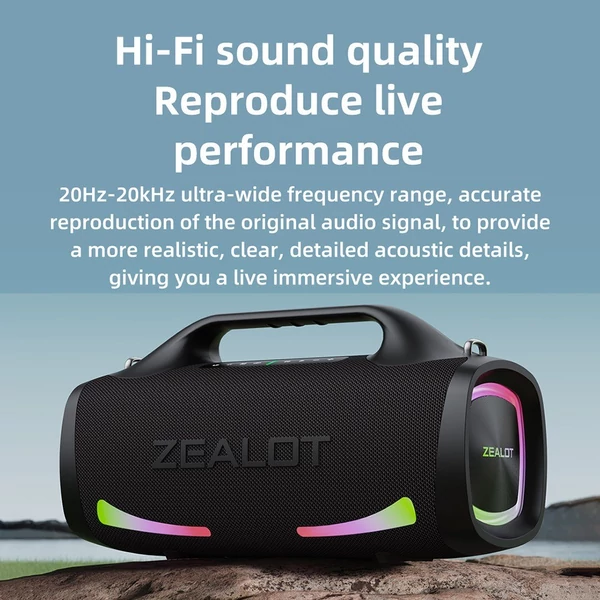 ZEALOT S79 100W hordozható vezeték nélküli hangszóró - 24000mAh akkumulátor, színes fények, IPX7 vízálló, HiFi hangzás, BT 5.2 basszussal - Narancs
