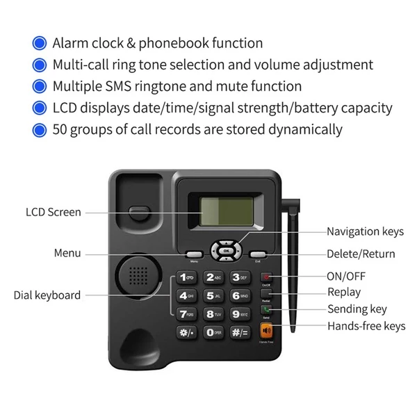 Otthoni és irodai vezeték nélküli telefon - GSM, két SIM-kártya, rádió és ébresztő