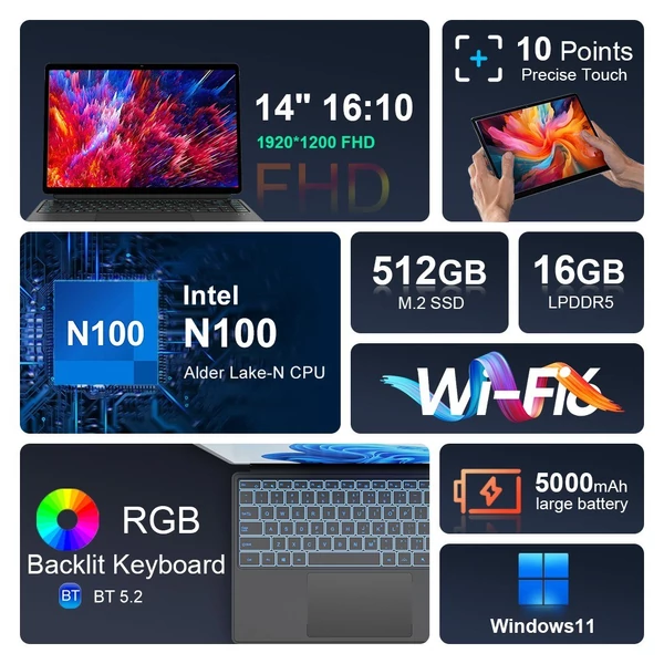 ninkear t40 multifunkciós számítógép - 14" ips kijelző, 16 gb RAM, 512 gb SSD, wifi 6