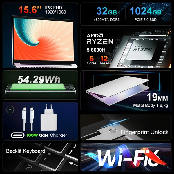 Grafikai tervezésre alkalmas 15,6 hüvelykes kijelzővel, AMD Ryzen 5 laptop 1 TB SSD-vel és DDR5 RAM-mal, WiFi 6 támogatással