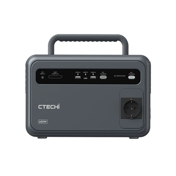 ctechi gt600 hordozható áramforrás 600W 384Wh lifepo4 akkumulátorral és napelemes generátorral