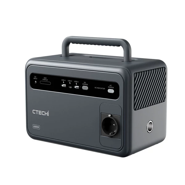 ctechi gt600 hordozható áramforrás 600W 384Wh lifepo4 akkumulátorral és napelemes generátorral