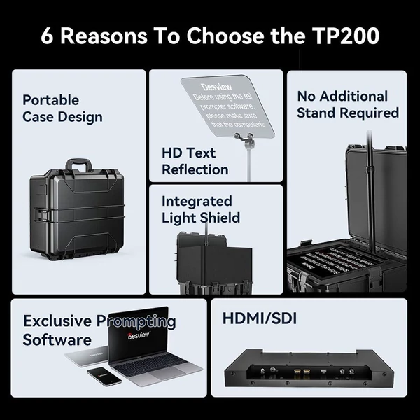 Destview TP200 hordozható teleprompter 17" HDMI/SDI bemenettel és kimenettel, app vezérlés, kompatibilis okostelefonnal/tablettel/iPaddel