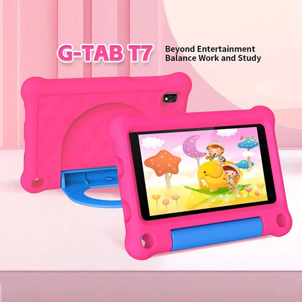 G-tab T7Pro gyerektablet 7'' kijelzővel, Android 14.0, WiFi, 4GB RAM, 64GB ROM, bővíthető HD Incell érintőképernyő, dupla kamera, tok és védőfólia - Pink
